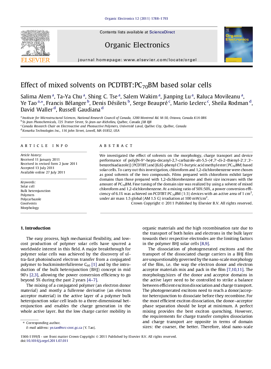 Effect of mixed solvents on PCDTBT:PC70BM based solar cells