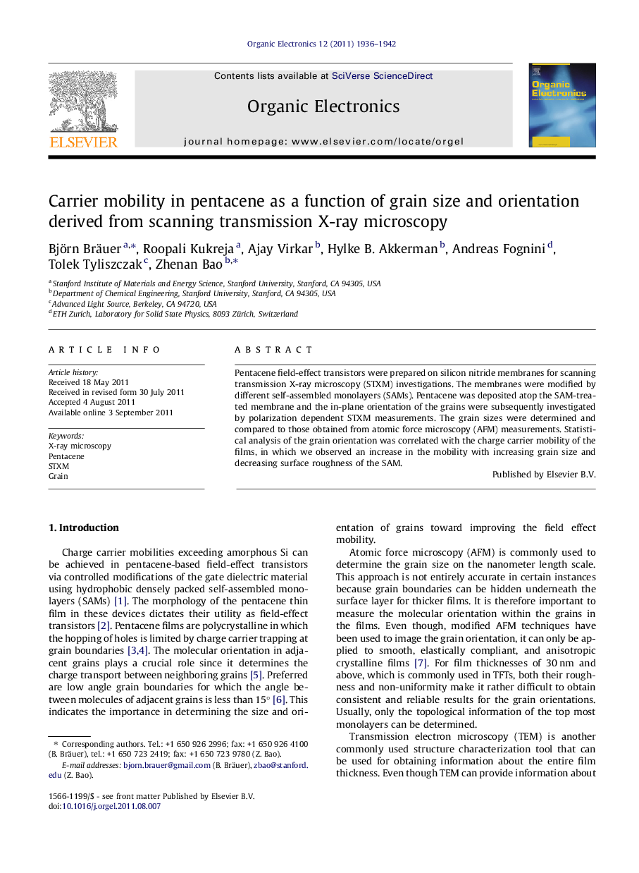 Carrier mobility in pentacene as a function of grain size and orientation derived from scanning transmission X-ray microscopy