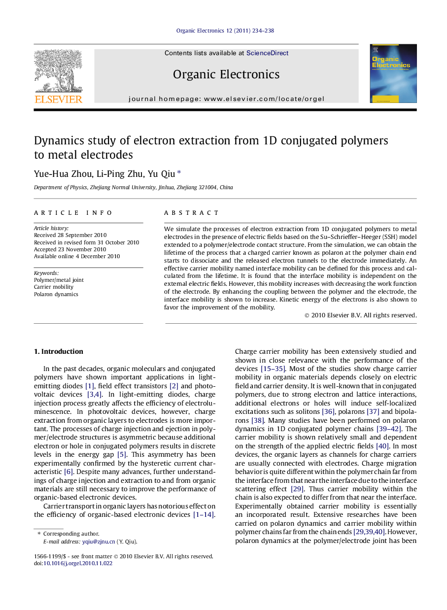 Dynamics study of electron extraction from 1D conjugated polymers to metal electrodes