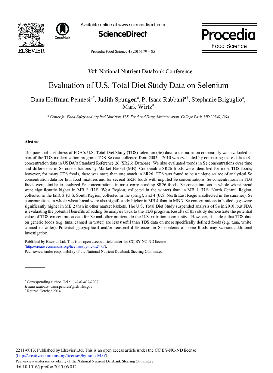 Evaluation of U.S. Total Diet Study Data on Selenium 