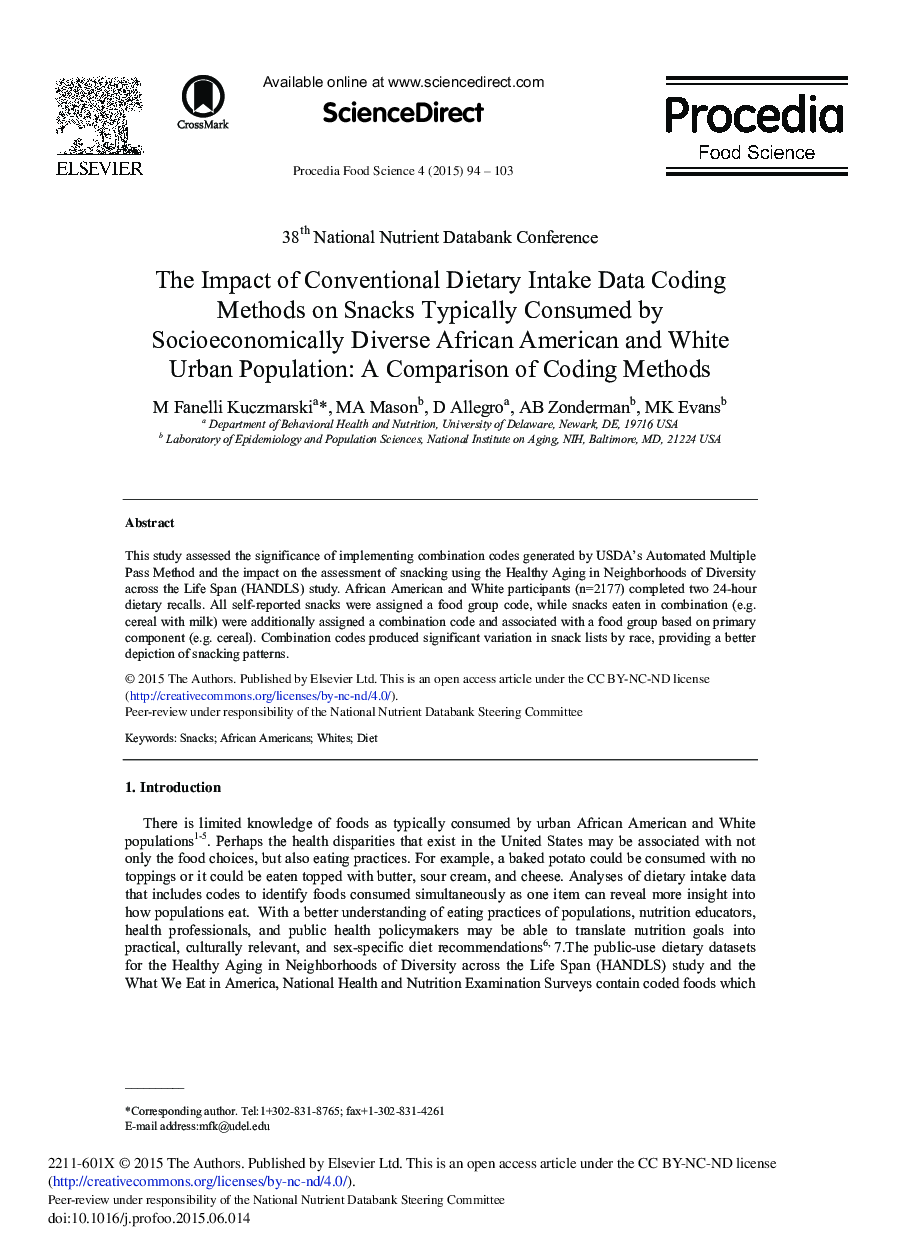 The Impact of Conventional Dietary Intake Data Coding Methods on Snacks Typically Consumed by Socioeconomically Diverse African American and White Urban Population: A Comparison of Coding Methods 