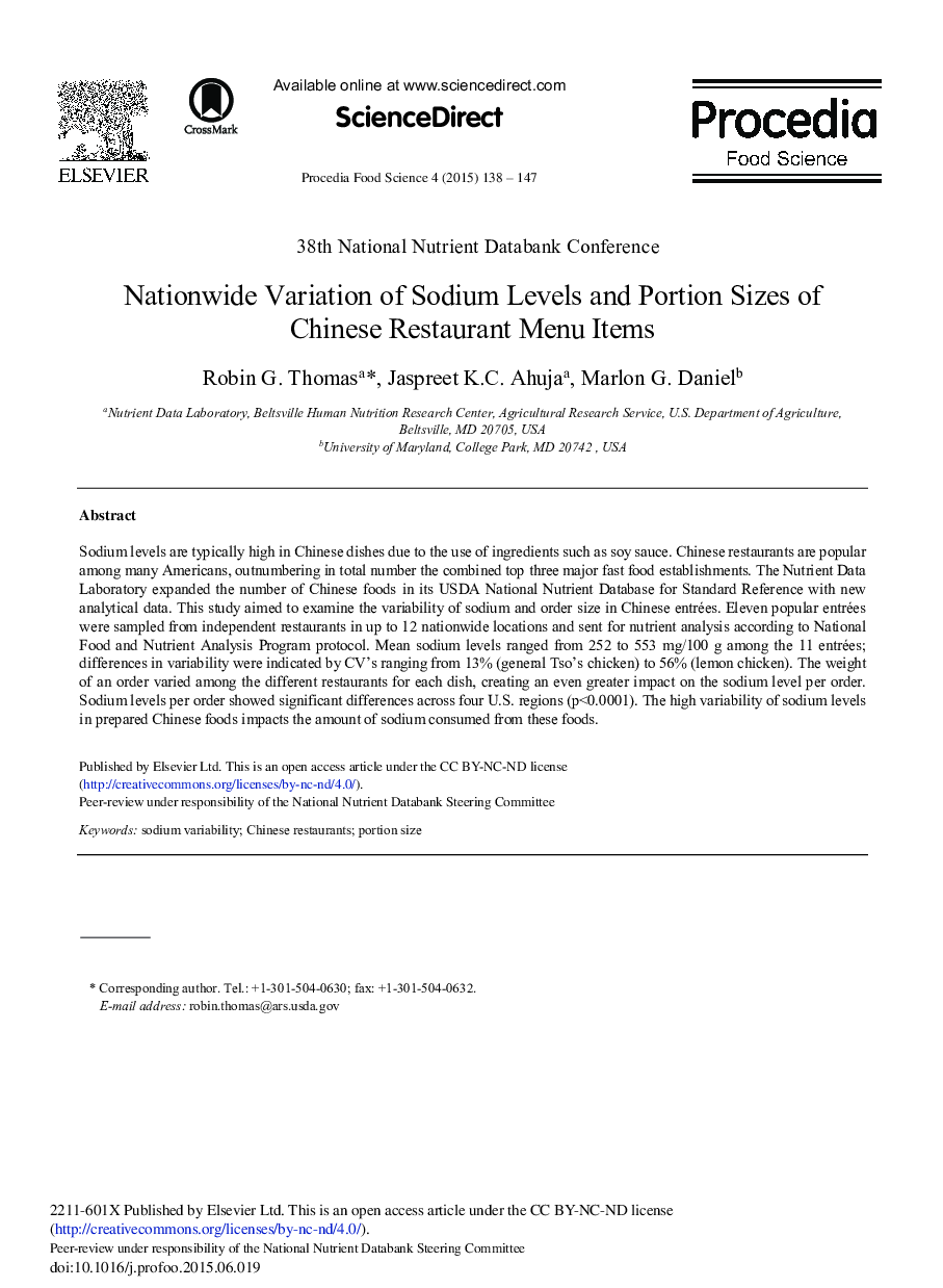 Nationwide Variation of Sodium Levels and Portion Sizes of Chinese Restaurant Menu Items 