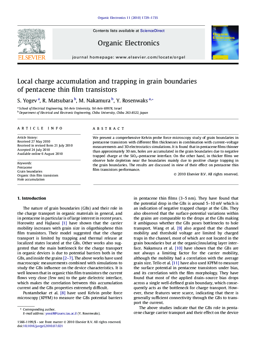 Local charge accumulation and trapping in grain boundaries of pentacene thin film transistors