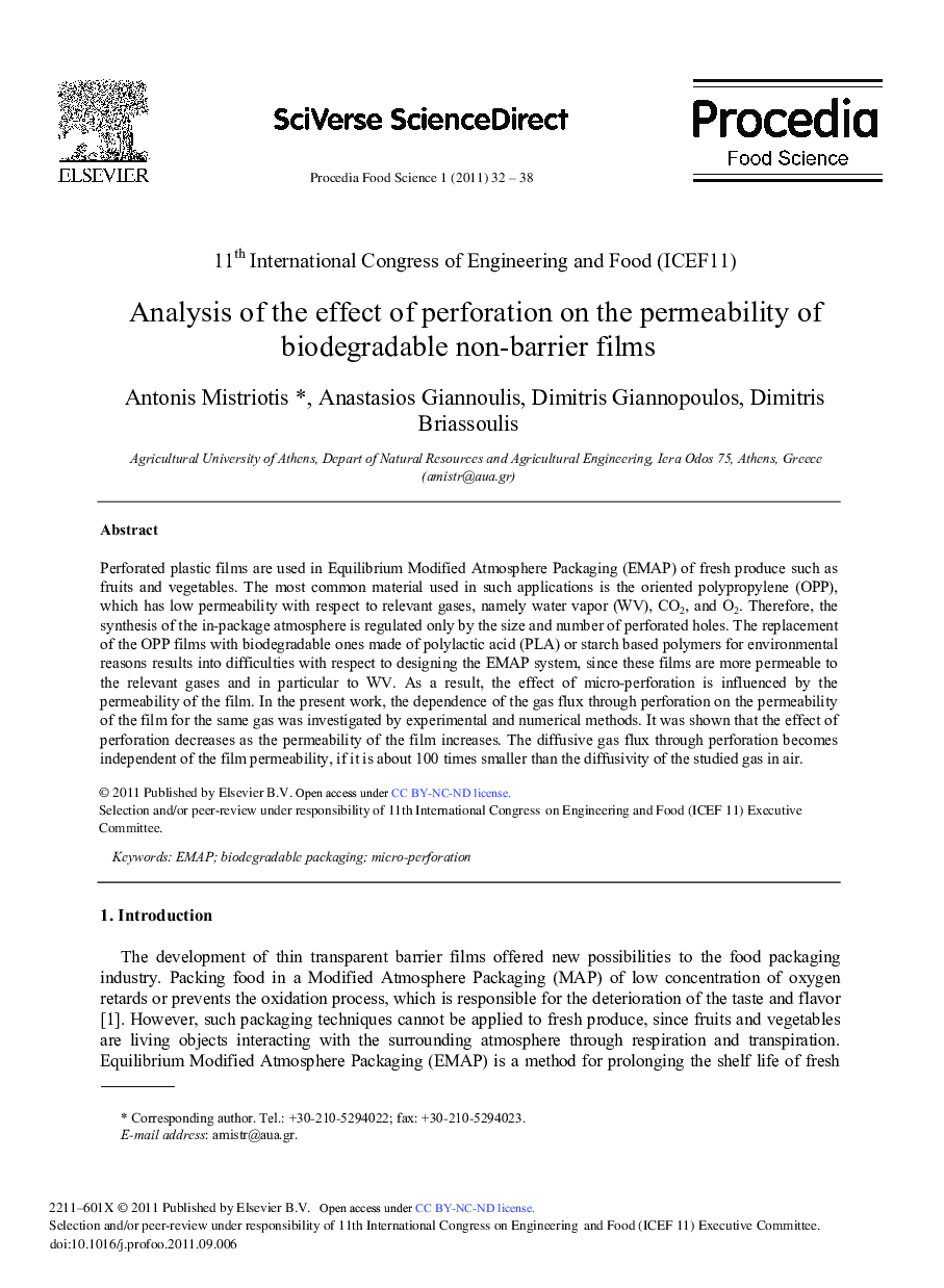 Analysis of the effect of perforation on the permeability of biodegradable non-barrier films