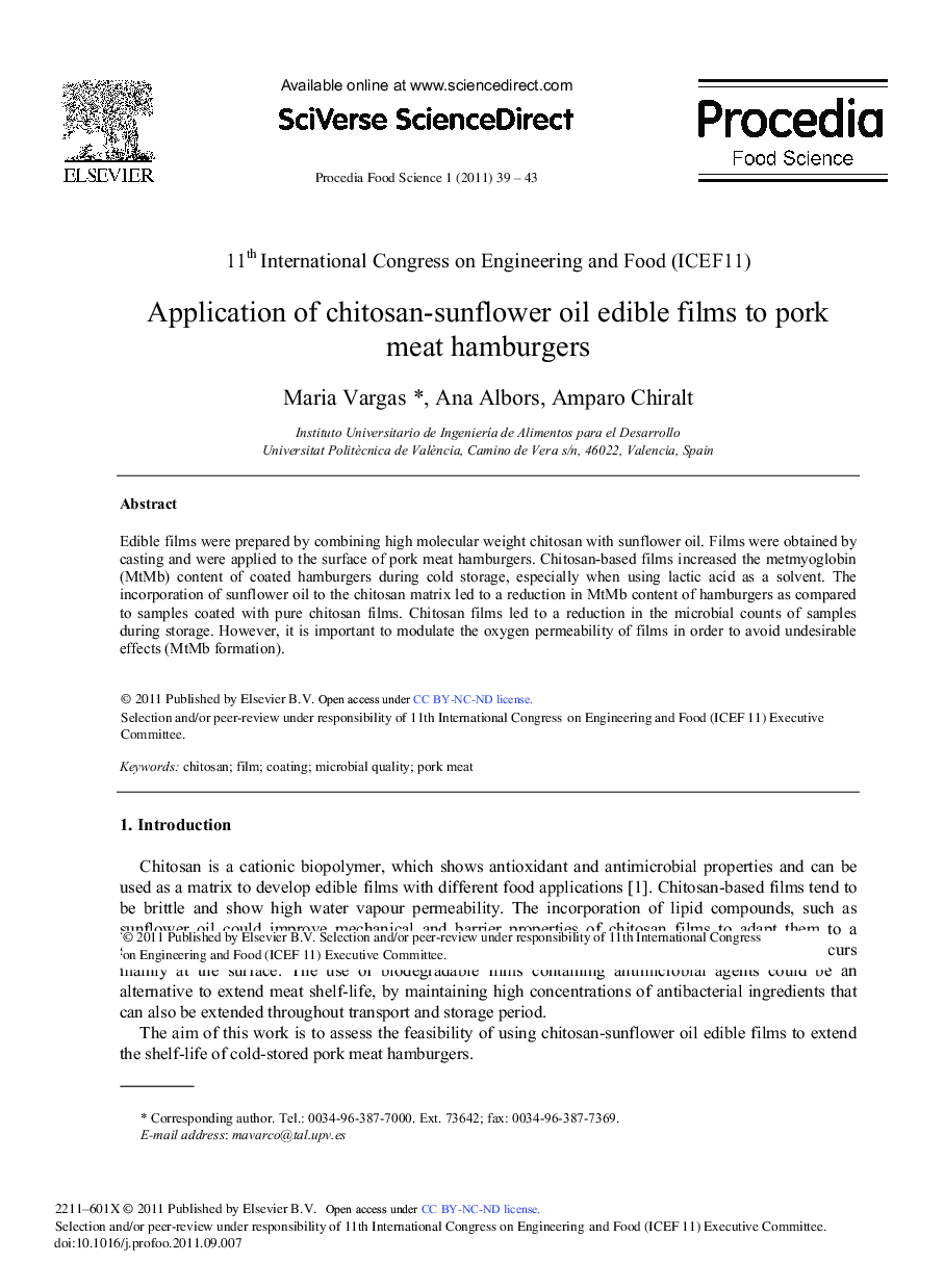 Application of chitosan-sunflower oil edible films to pork meat hamburgers