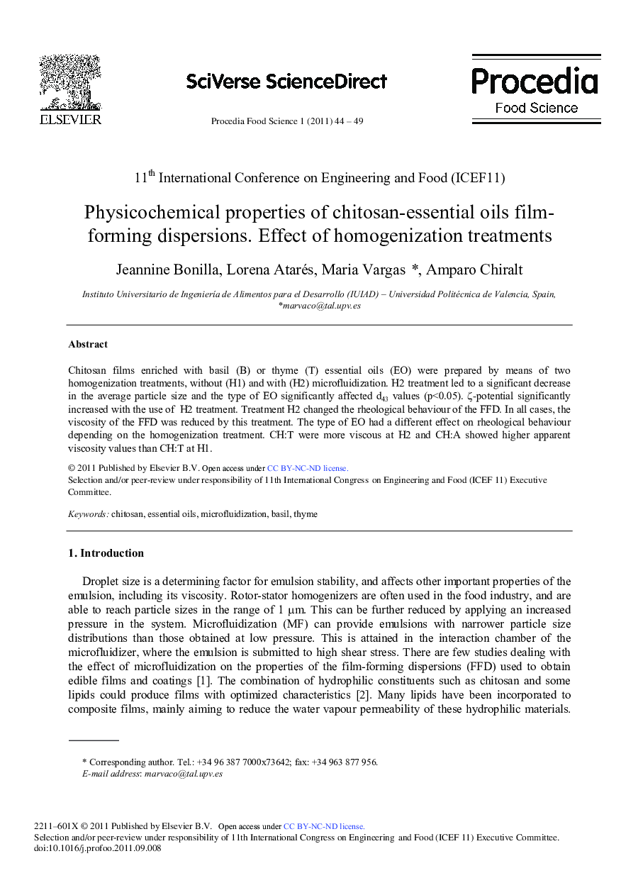 Physicochemical properties of chitosan-essential oils filmforming dispersions. Effect of homogenization treatments