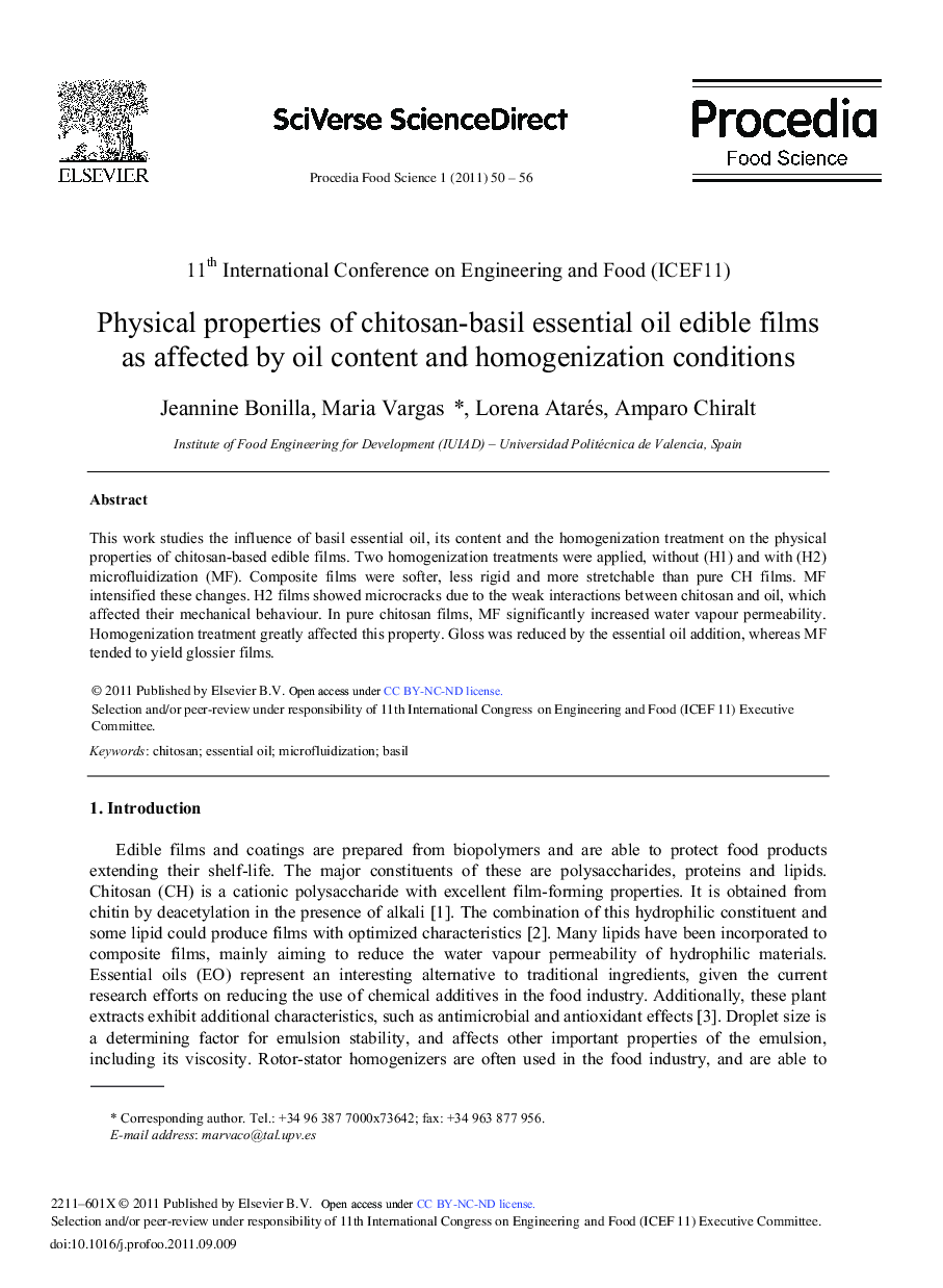 Physical properties of chitosan-basil essential oil edible films as affected by oil content and homogenization conditions