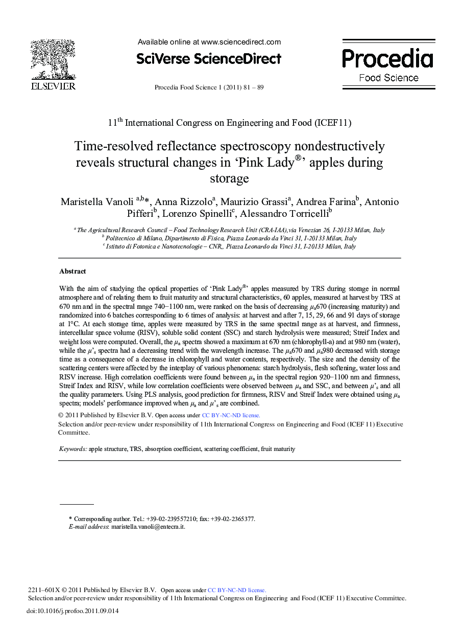 Time-resolved reflectance spectroscopy nondestructively reveals structural changes in ‘Pink Lady®’ apples during storage