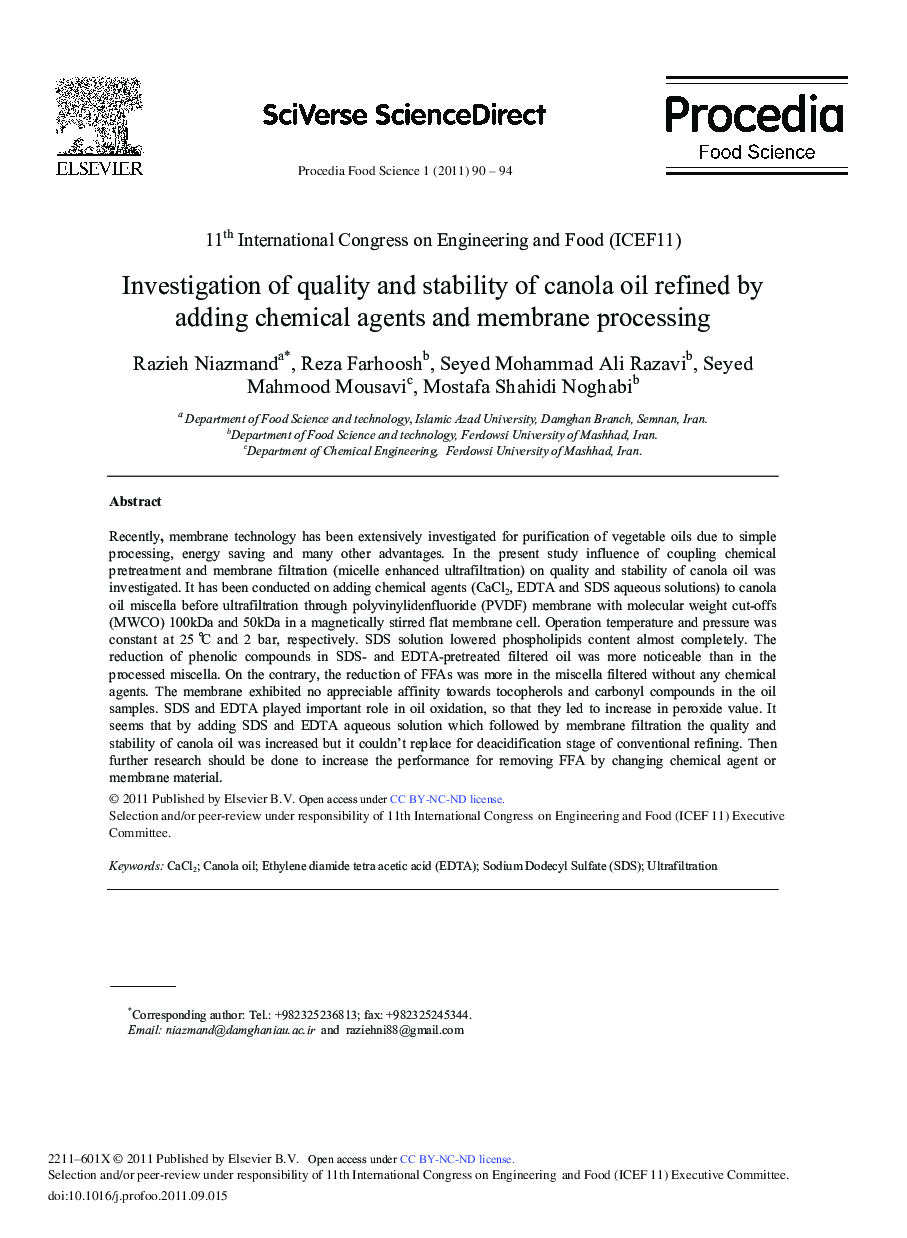 Investigation of quality and stability of canola oil refined by adding chemical agents and membrane processing