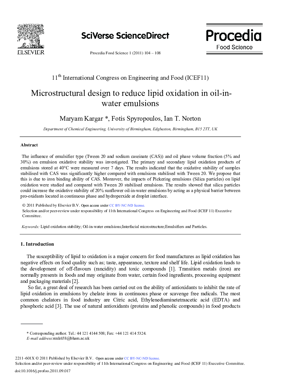 Microstructural design to reduce lipid oxidation in oil-inwater emulsions