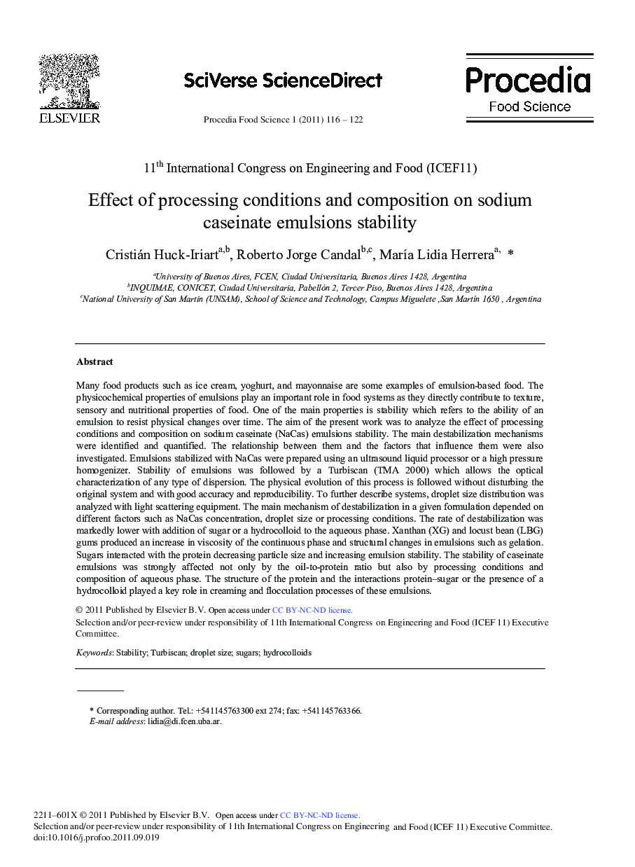 Effect of processing conditions and composition on sodium caseinate emulsions stability