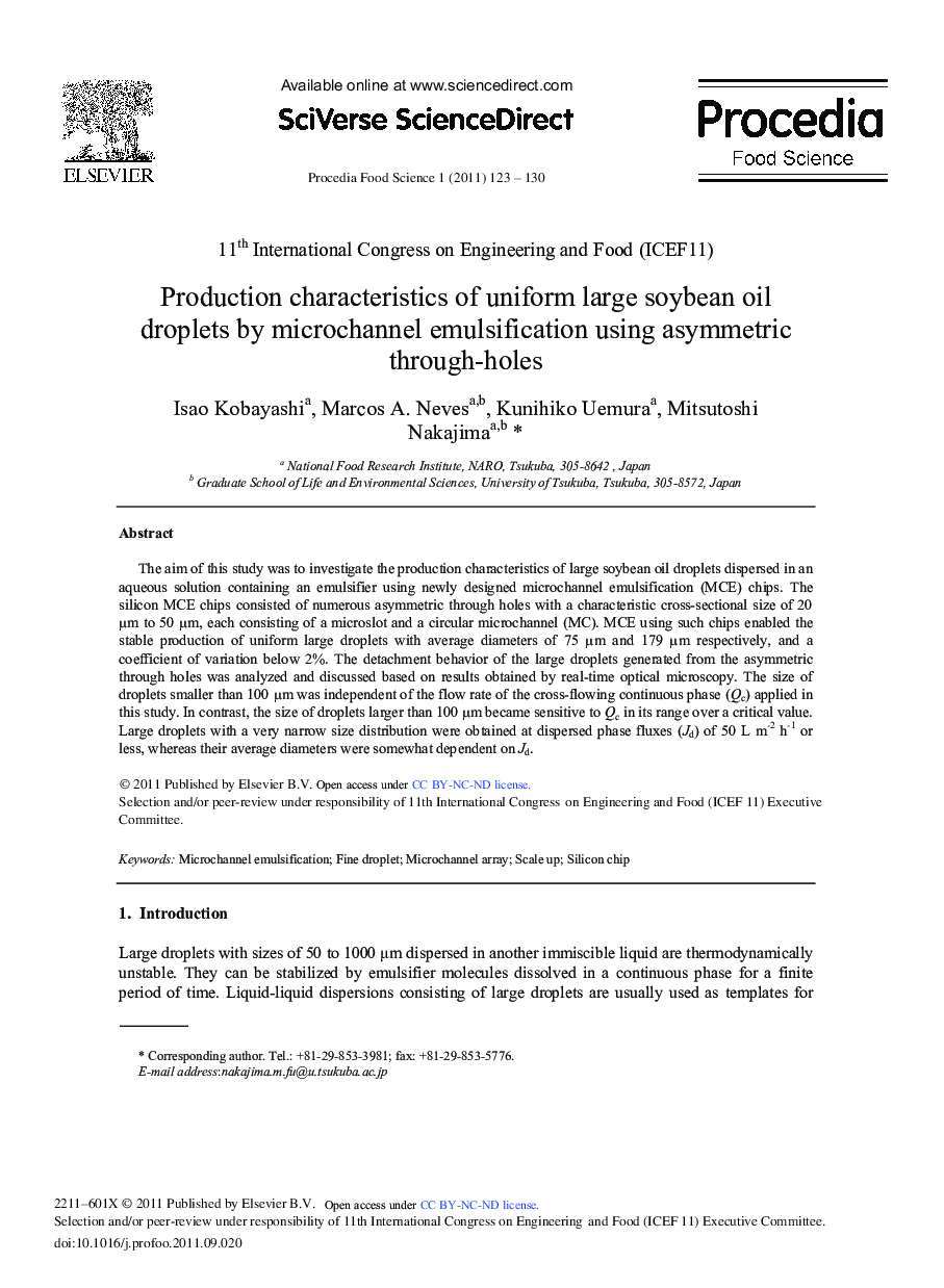 Production characteristics of uniform large soybean oil droplets by microchannel emulsification using asymmetric through-holes