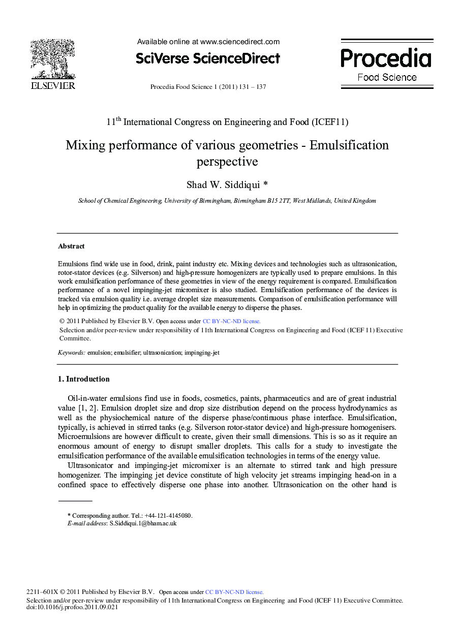 Mixing performance of various geometries - Emulsification perspective