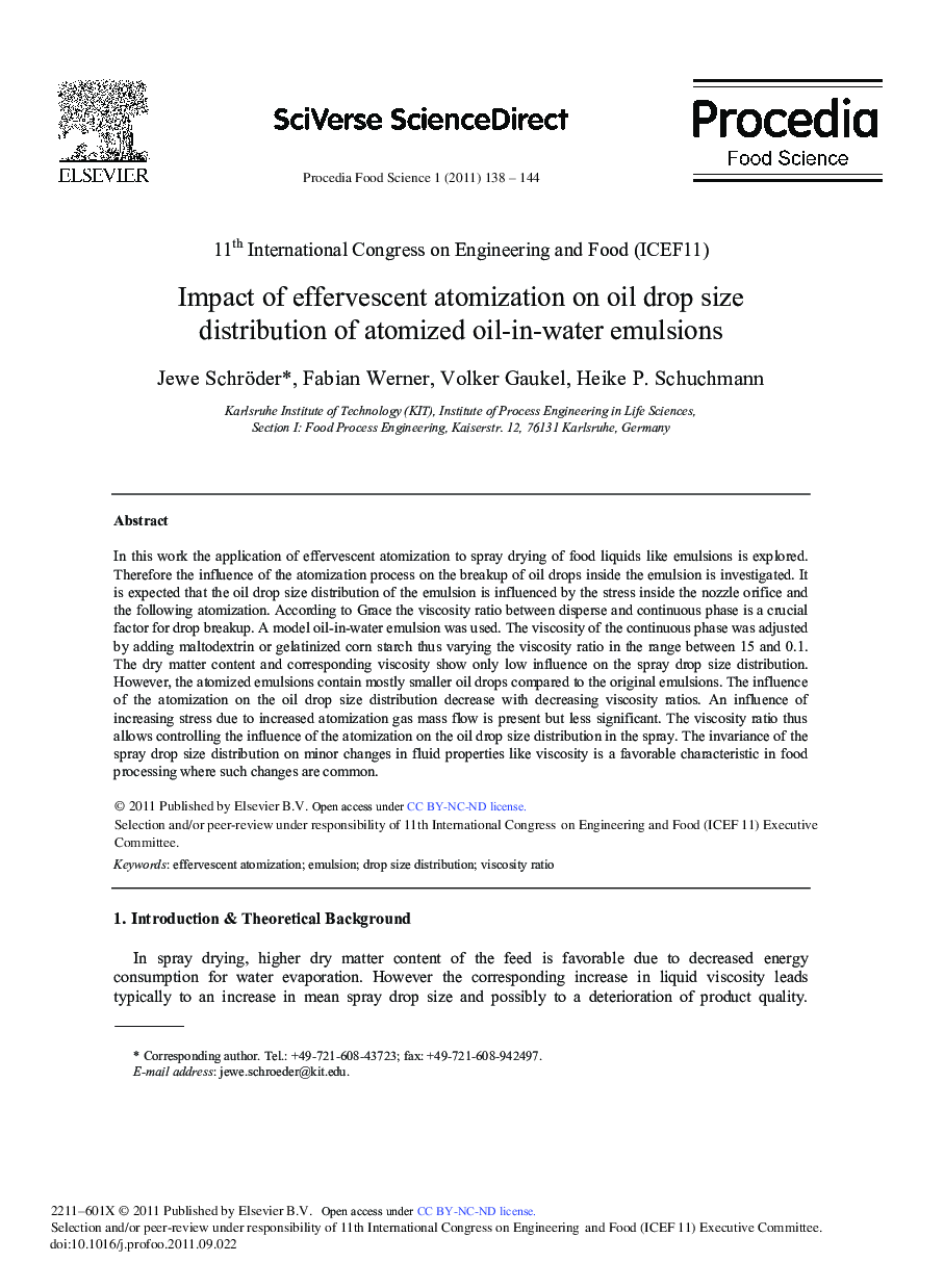Impact of effervescent atomization on oil drop size distribution of atomized oil-in-water emulsions