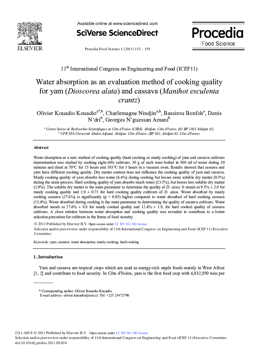 Water absorption as an evaluation method of cooking quality for yam (Dioscorea alata) and cassava (Manihot esculenta crantz)