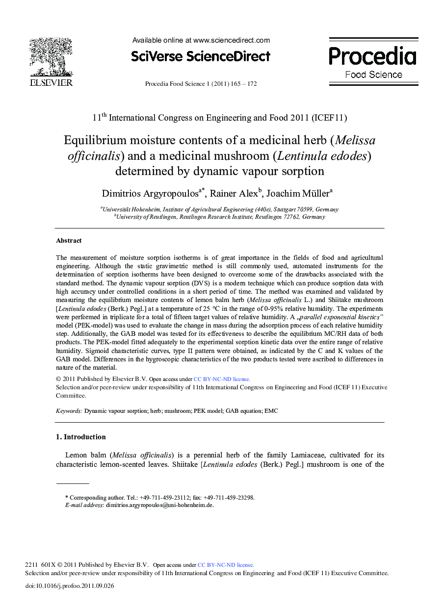 Equilibrium moisture contents of a medicinal herb (Melissa officinalis) and a medicinal mushroom (Lentinula edodes) determined by dynamic vapour sorption