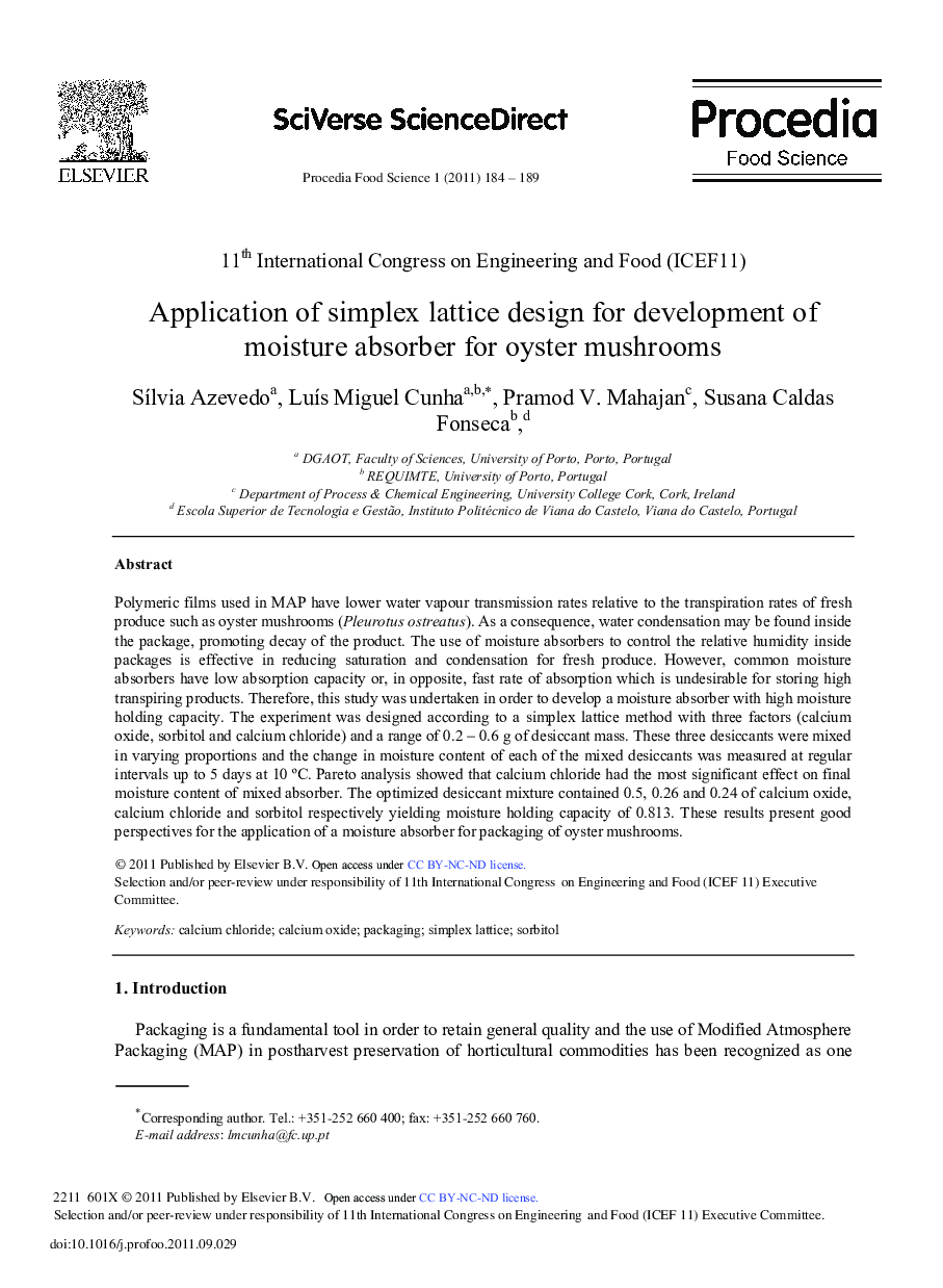 Application of simplex lattice design for development of moisture absorber for oyster mushrooms