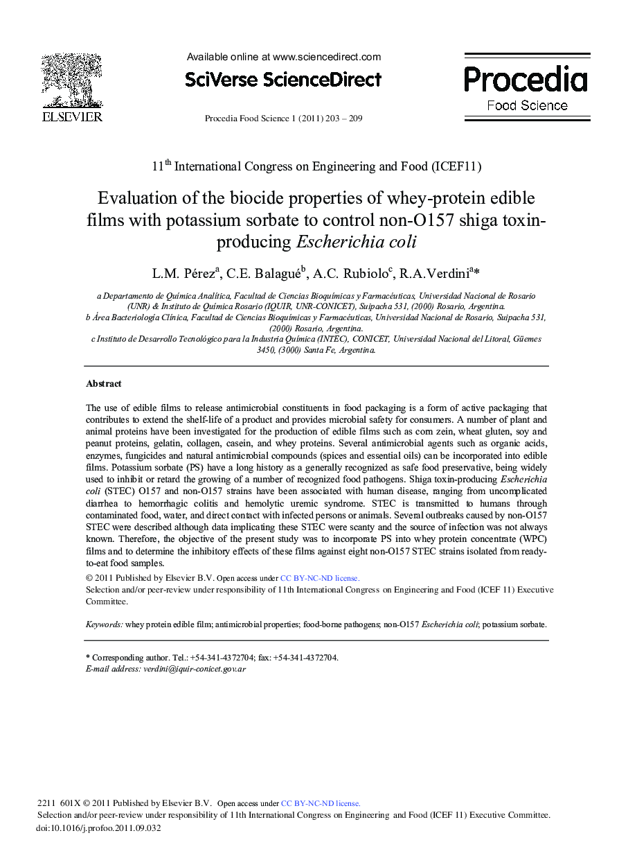 Evaluation of the biocide properties of whey-protein edible films with potassium sorbate to control non-O157 shiga toxinproducing Escherichia coli