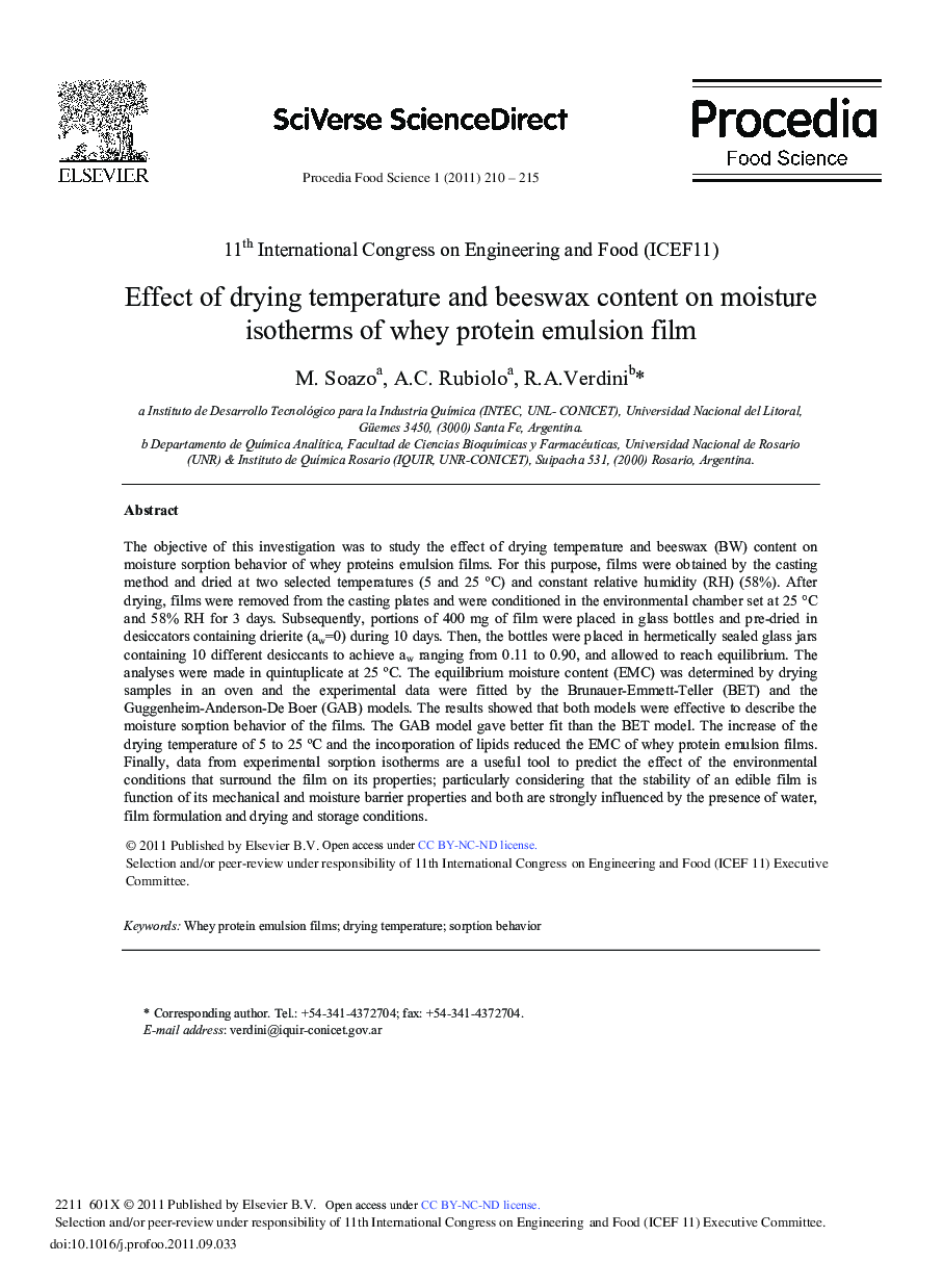 Effect of drying temperature and beeswax content on moisture isotherms of whey protein emulsion film