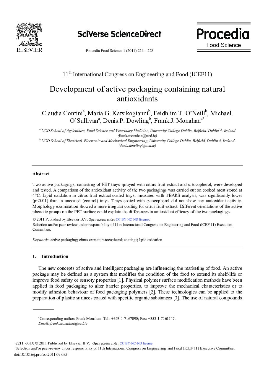 Development of active packaging containing natural antioxidants