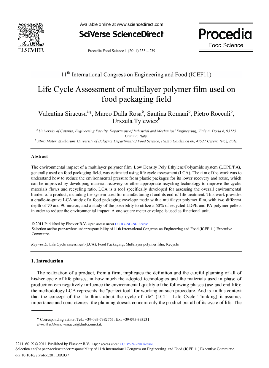 Life Cycle Assessment of multilayer polymer film used on food packaging field