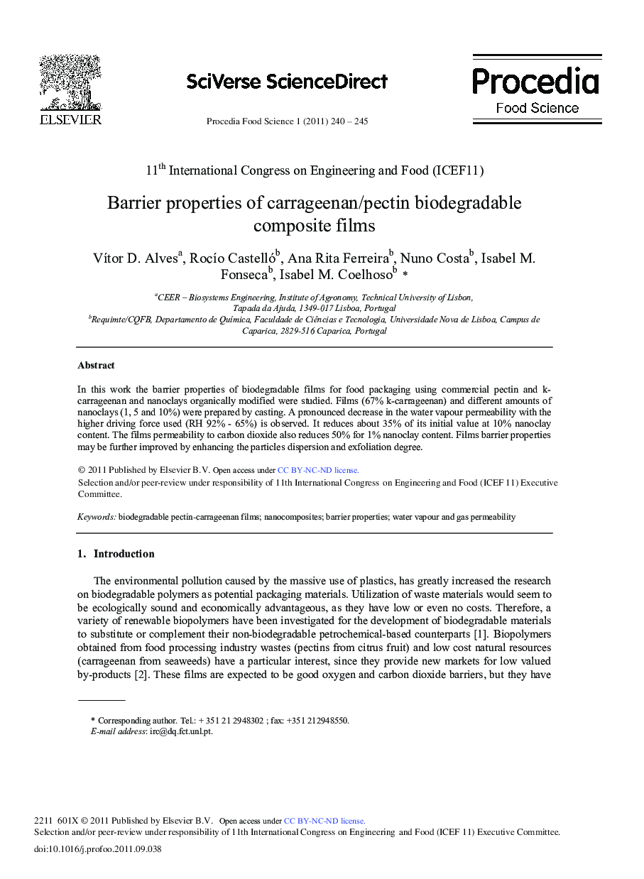 Barrier properties of carrageenan/pectin biodegradable composite films