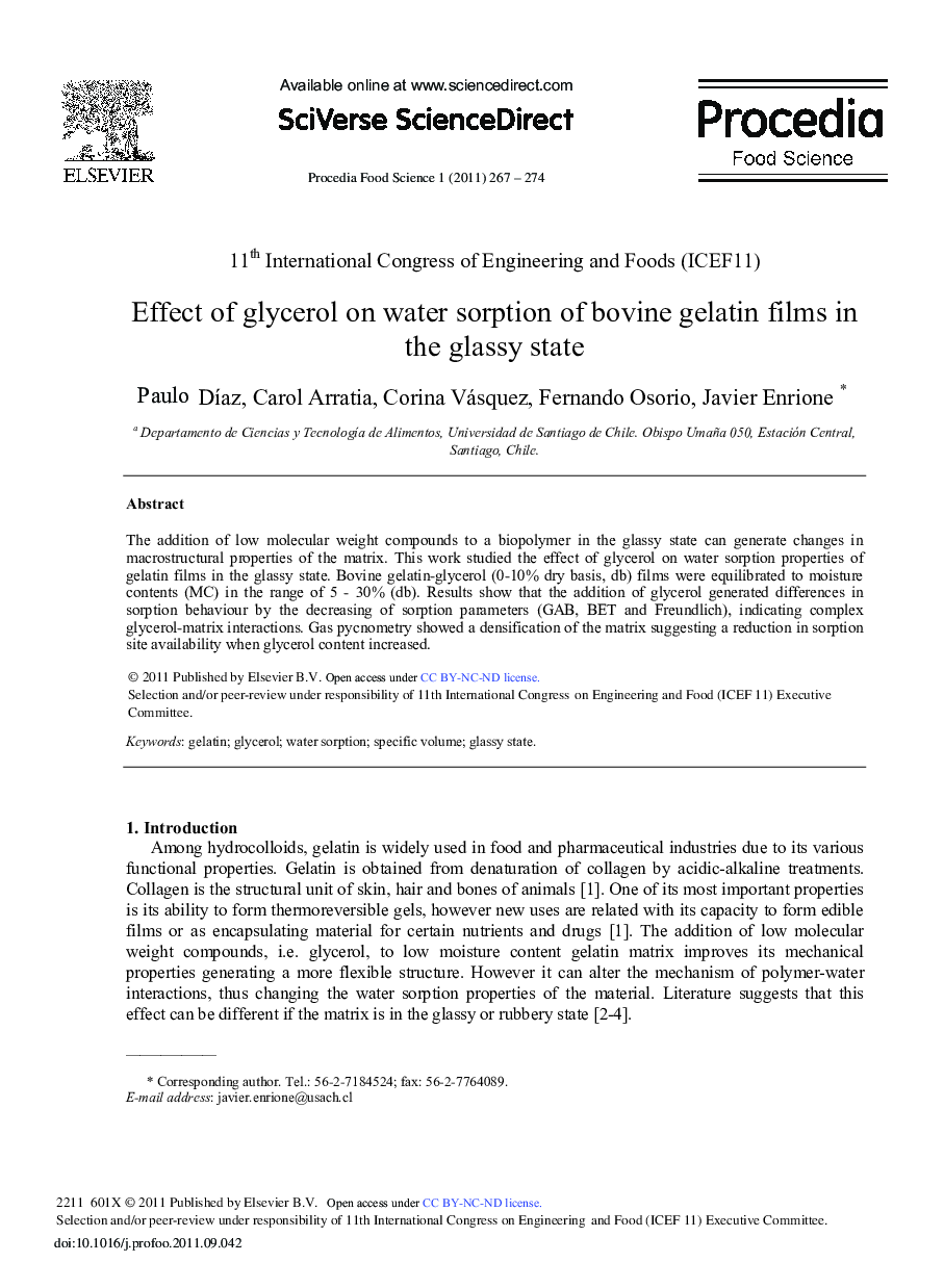 Effect of glycerol on water sorption of bovine gelatin films in the glassy state