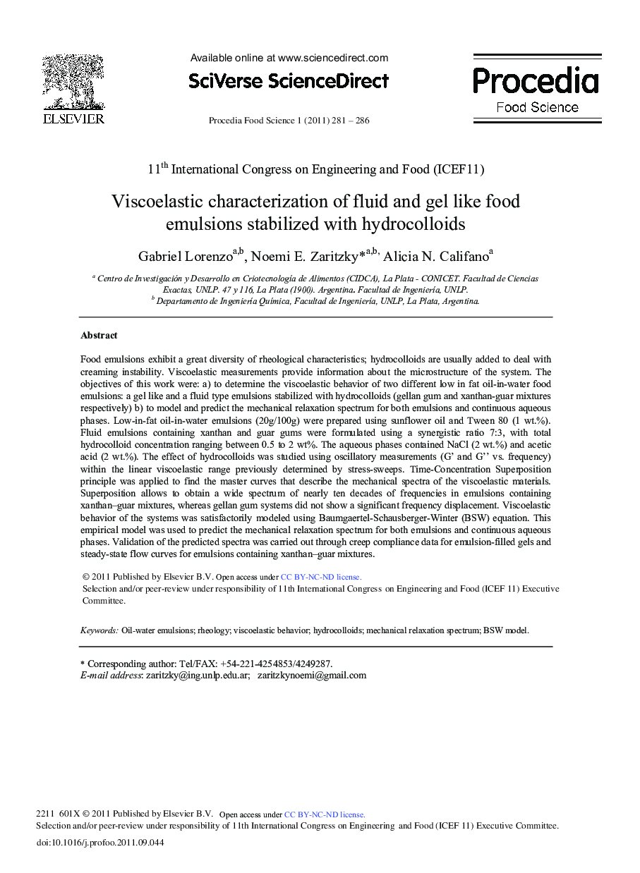 Viscoelastic characterization of fluid and gel like food emulsions stabilized with hydrocolloids