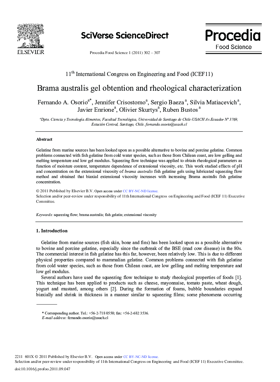 Brama australis gel obtention and rheological characterization