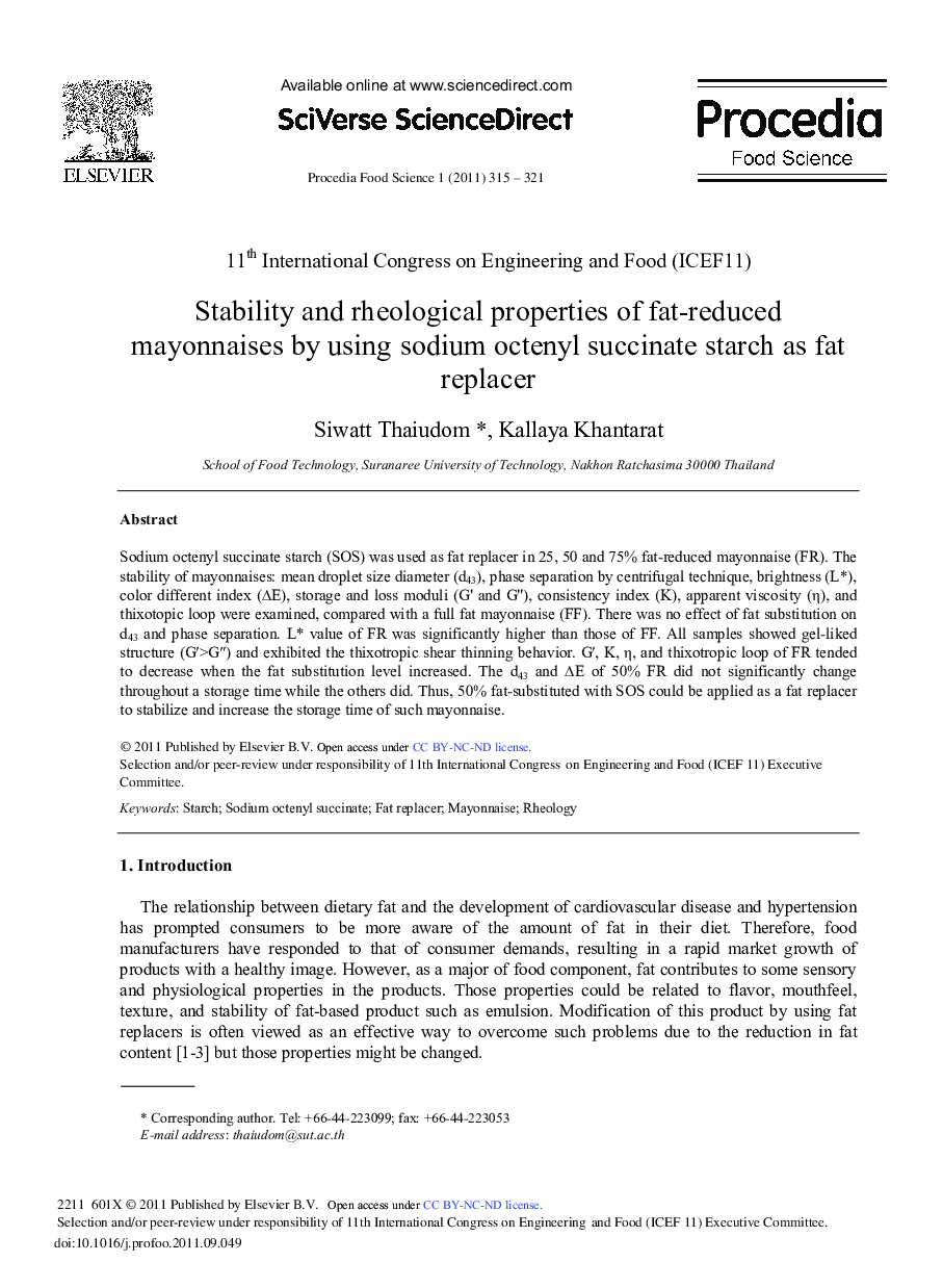 Stability and rheological properties of fat-reduced mayonnaises by using sodium octenyl succinate starch as fat replacer