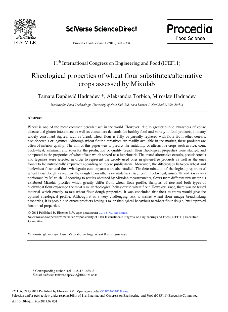 Rheological properties of wheat flour substitutes/alternative crops assessed by Mixolab