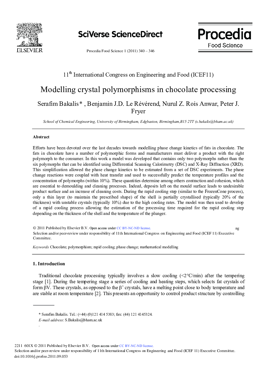 Modelling crystal polymorphisms in chocolate processing