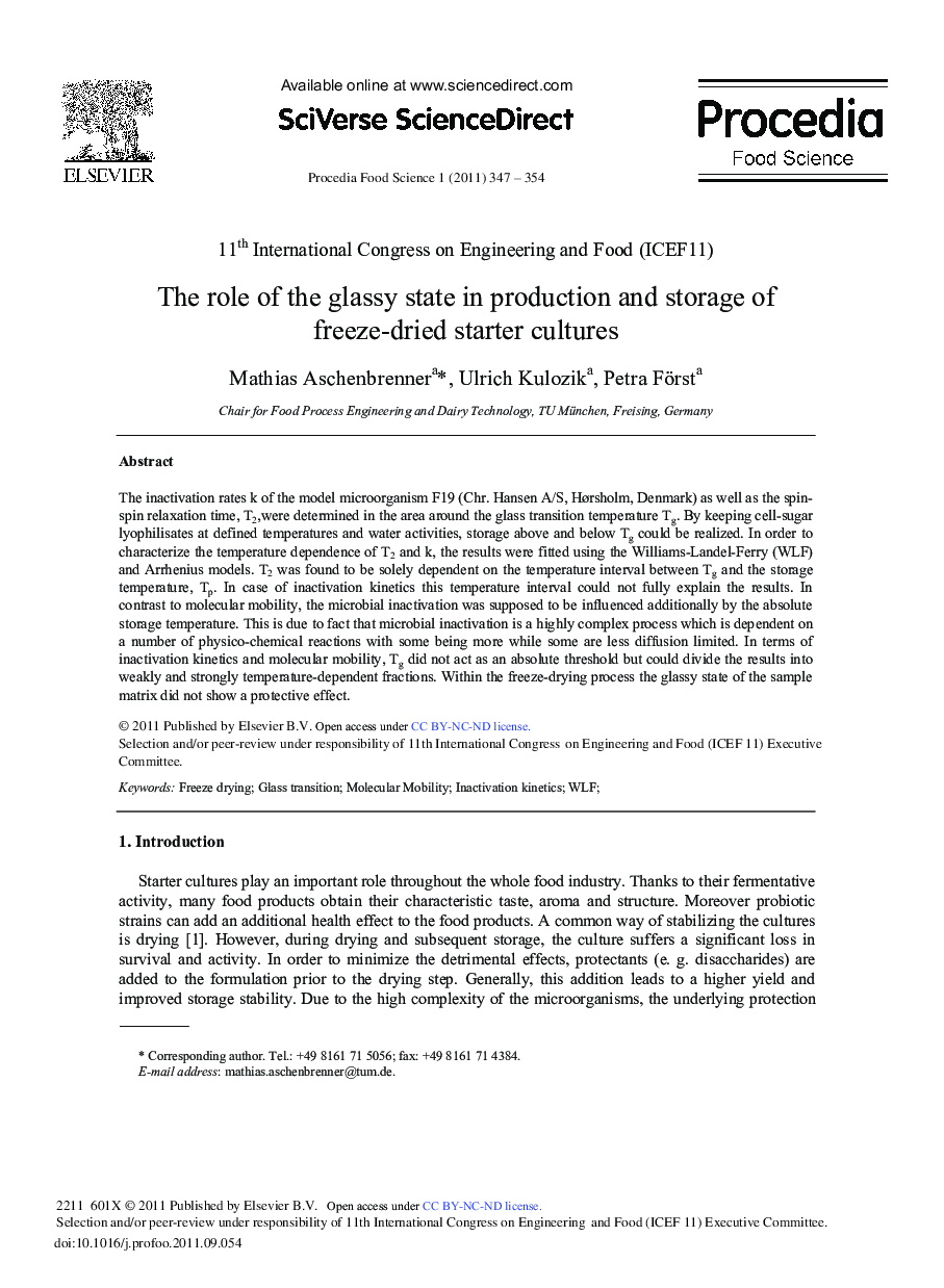 The role of the glassy state in production and storage of freeze-dried starter cultures