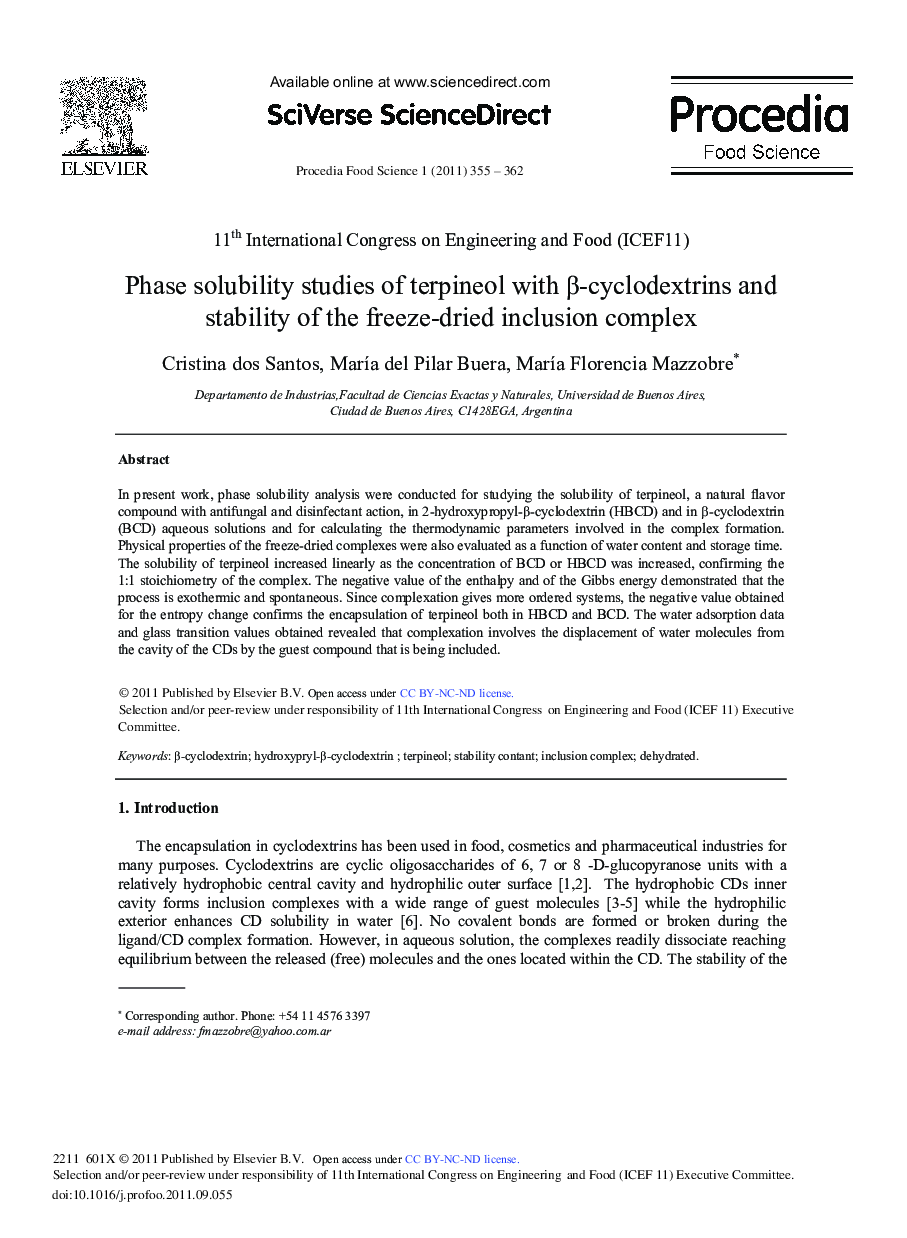 Phase solubility studies of terpineol with β-cyclodextrins and stability of the freeze-dried inclusion complex