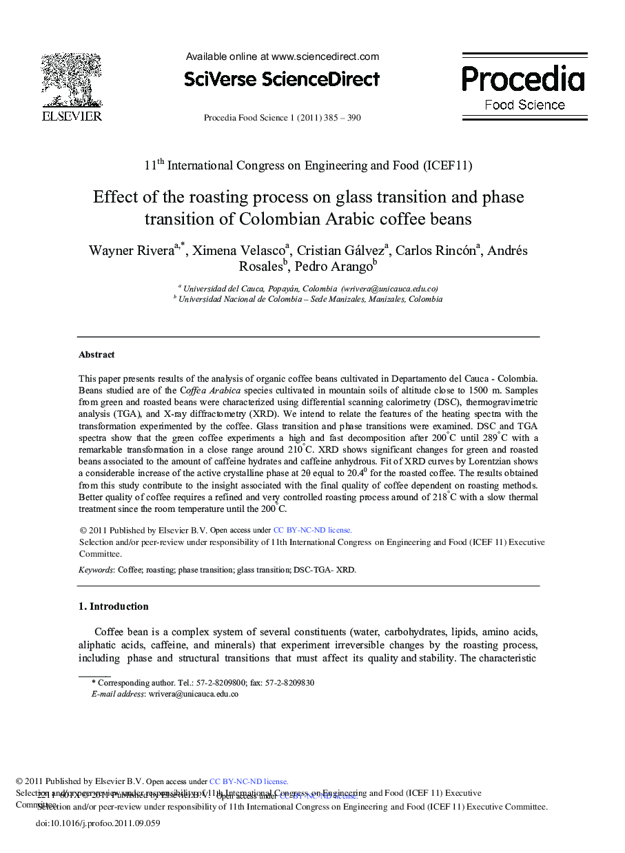 Effect of the roasting process on glass transition and phase transition of Colombian Arabic coffee beans