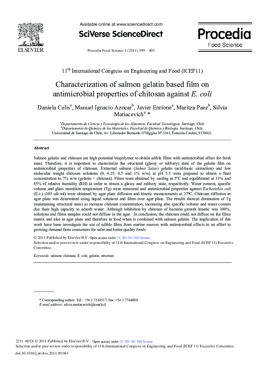 Characterization of salmon gelatin based film on antimicrobial properties of chitosan against E. coli