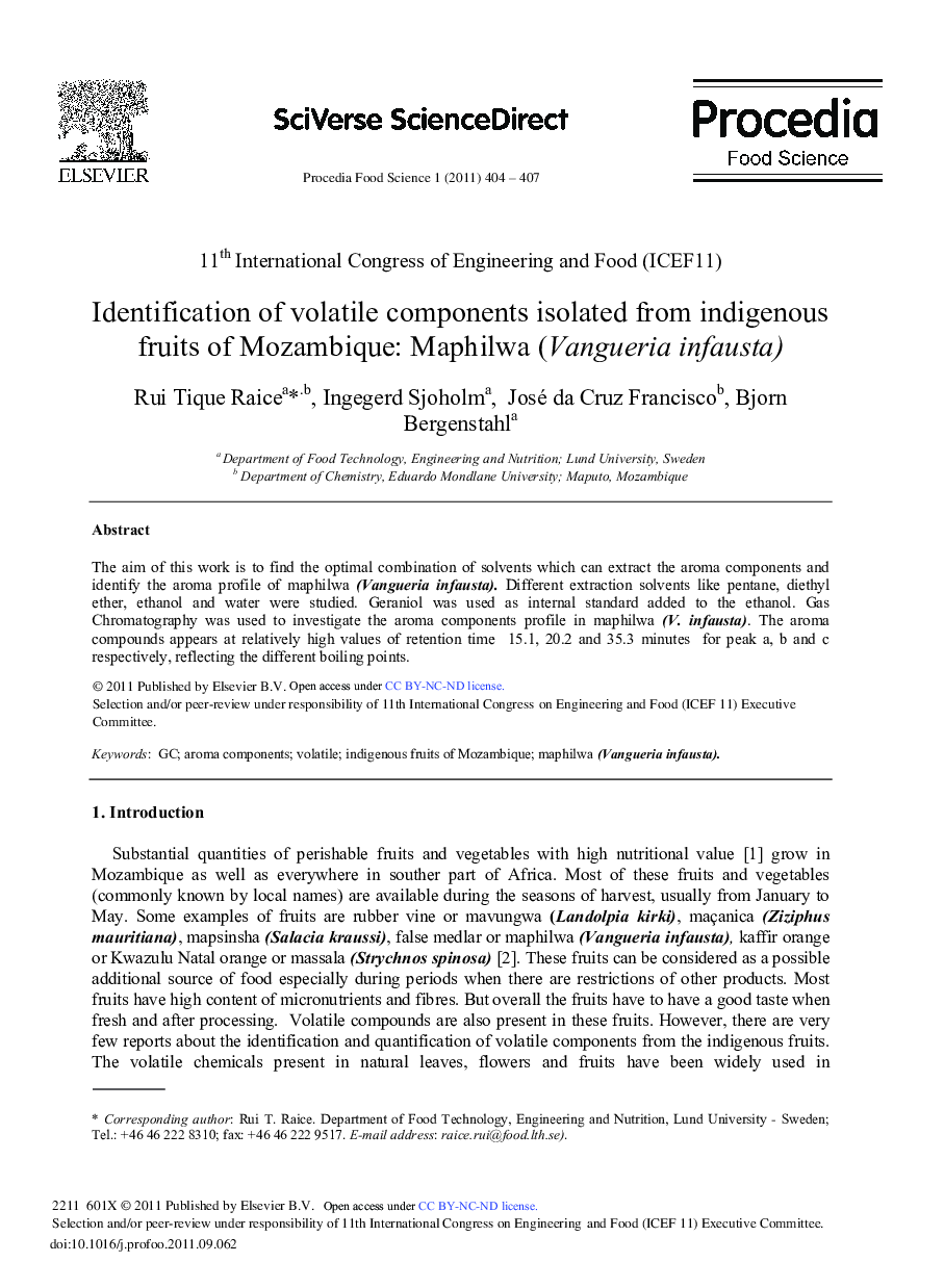 Identification of volatile components isolated from indigenous fruits of Mozambique: Maphilwa (Vangueria infausta)