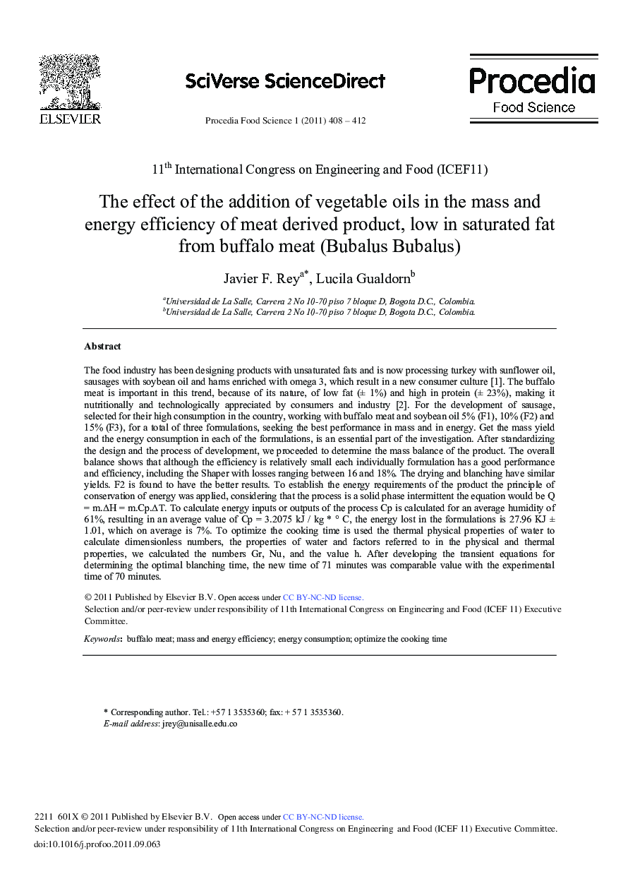 The effect of the addition of vegetable oils in the mass and energy efficiency of meat derived product, low in saturated fat from buffalo meat (Bubalus Bubalus)