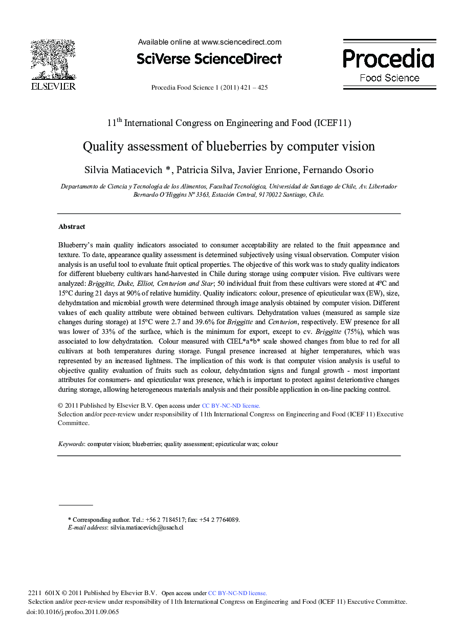 Quality assessment of blueberries by computer vision