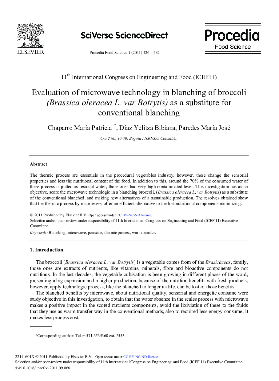 Evaluation of microwave technology in blanching of broccoli (Brassica oleracea L. var Botrytis) as a substitute for conventional blanching