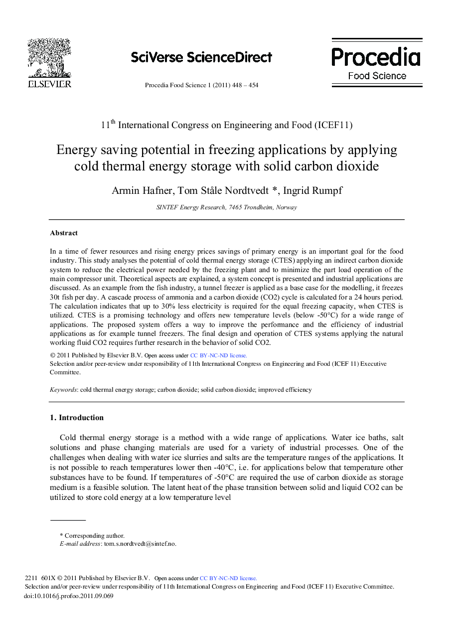 Energy saving potential in freezing applications by applying cold thermal energy storage with solid carbon dioxide