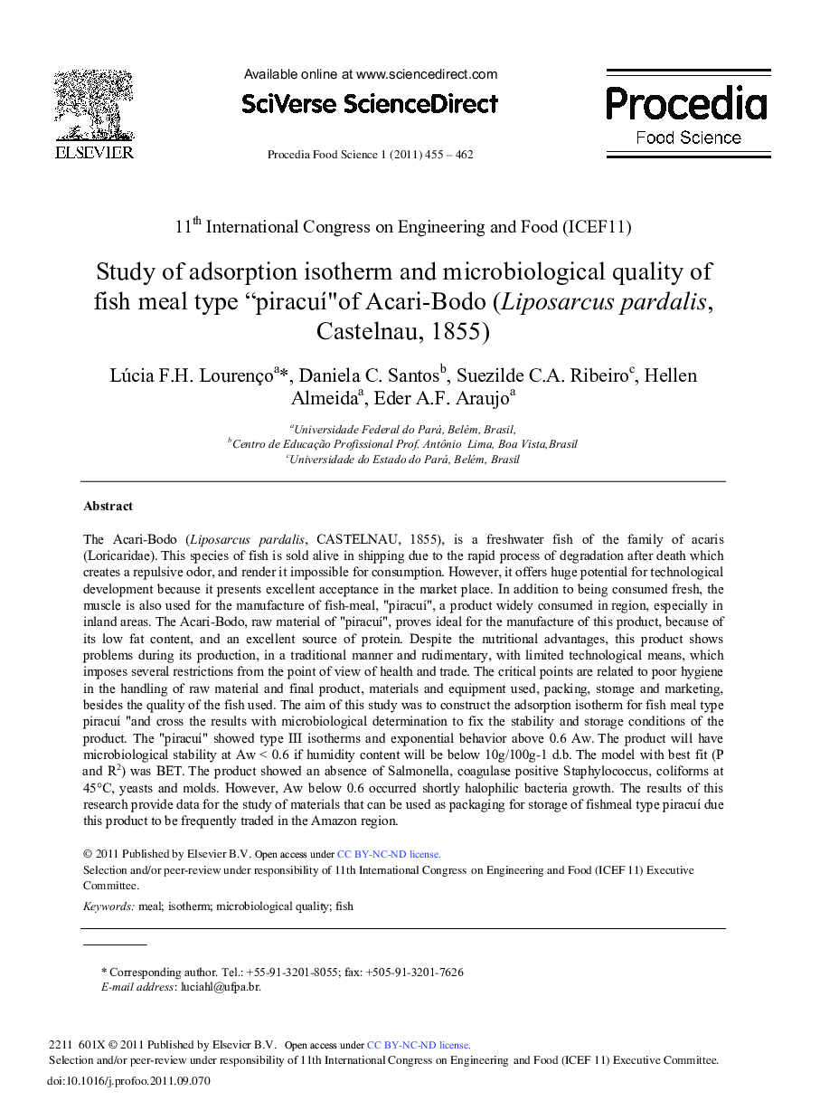 Study of adsorption isotherm and microbiological quality of fish meal type “piracuí” of Acari-Bodo (Liposarcus pardalis, Castelnau, 1855)