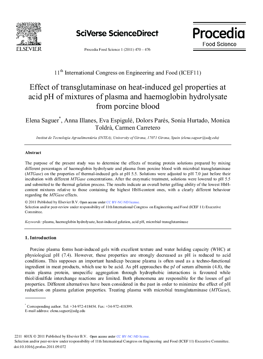 Effect of transglutaminase on heat-induced gel properties at acid pH of mixtures of plasma and haemoglobin hydrolysate from porcine blood