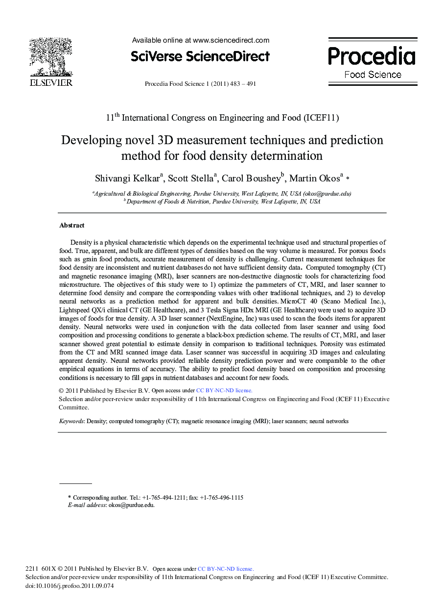 Developing novel 3D measurement techniques and prediction method for food density determination