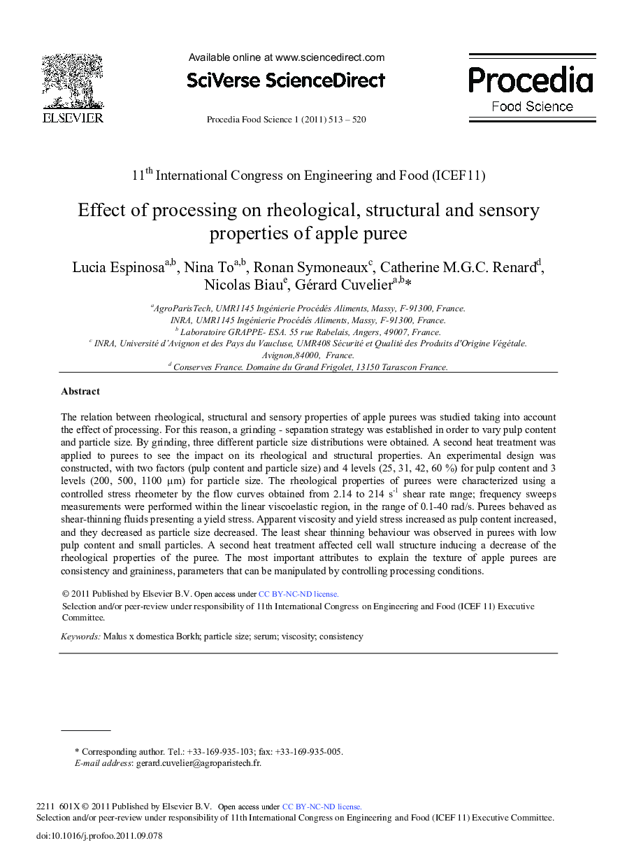 Effect of processing on rheological, structural and sensory properties of apple puree