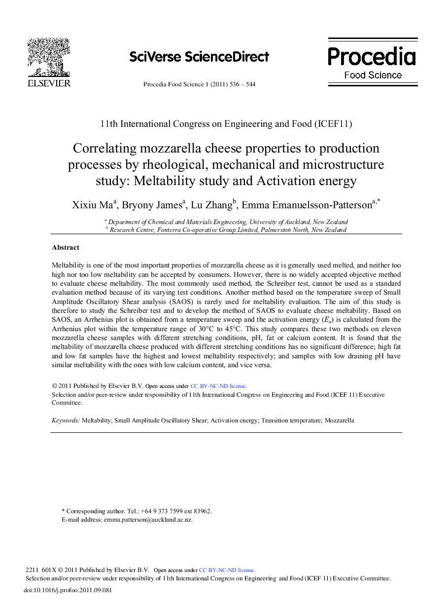 Correlating mozzarella cheese properties to production processes by rheological, mechanical and microstructure study: Meltability study and Activation energy