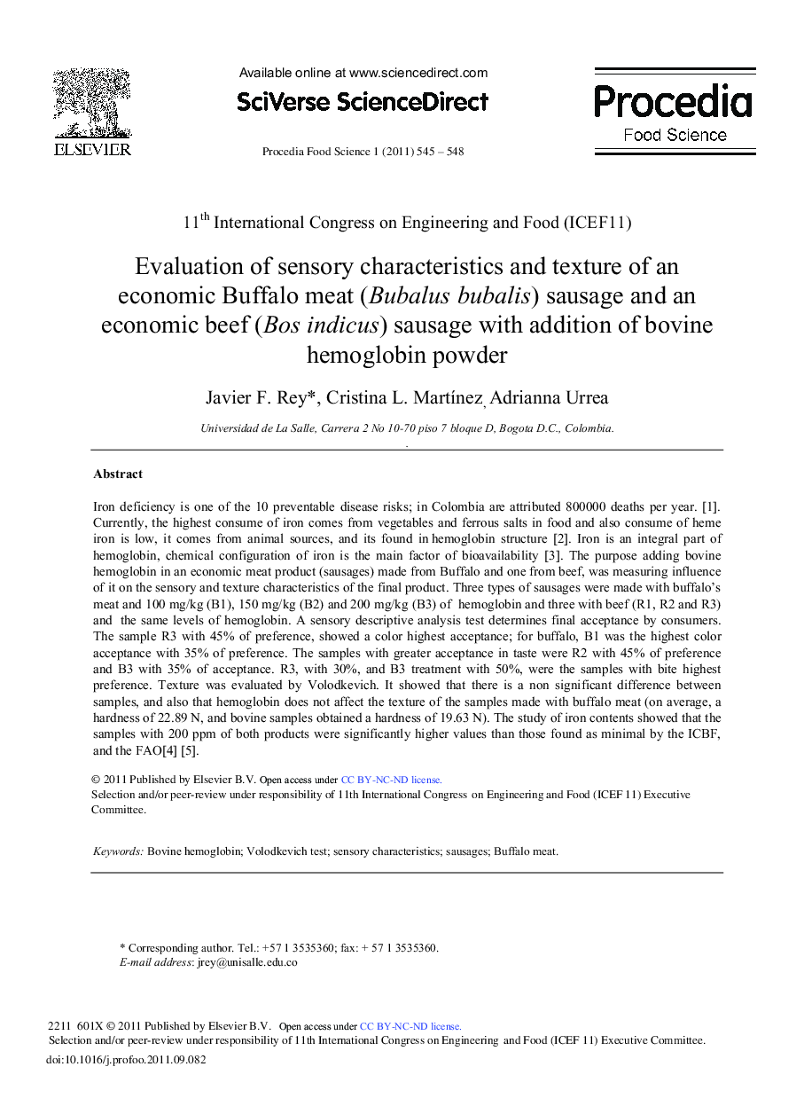 Evaluation of sensory characteristics and texture of an economic Buffalo meat (Bubalus bubalis) sausage and an economic beef (Bos indicus) sausage with addition of bovine hemoglobin powder