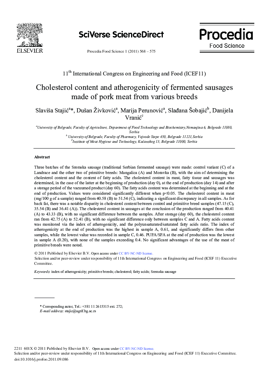 Cholesterol content and atherogenicity of fermented sausages made of pork meat from various breeds