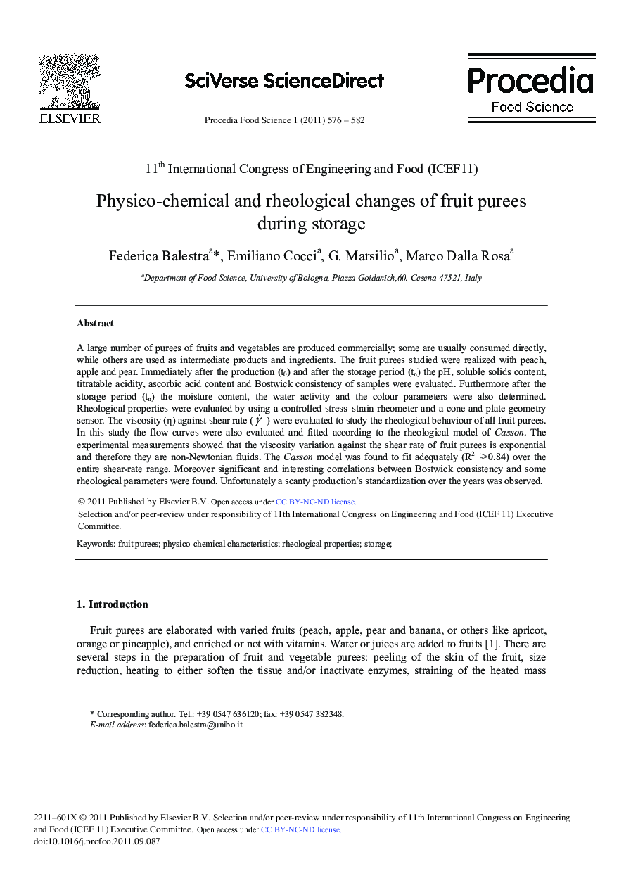 Physico-chemical and rheological changes of fruit purees during storage