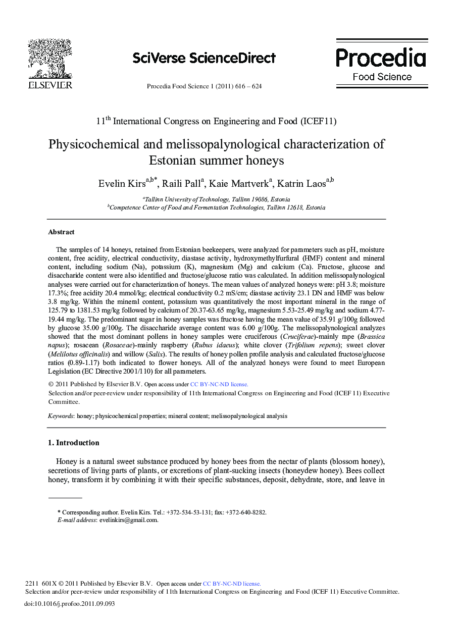 Physicochemical and melissopalynological characterization of Estonian summer honeys